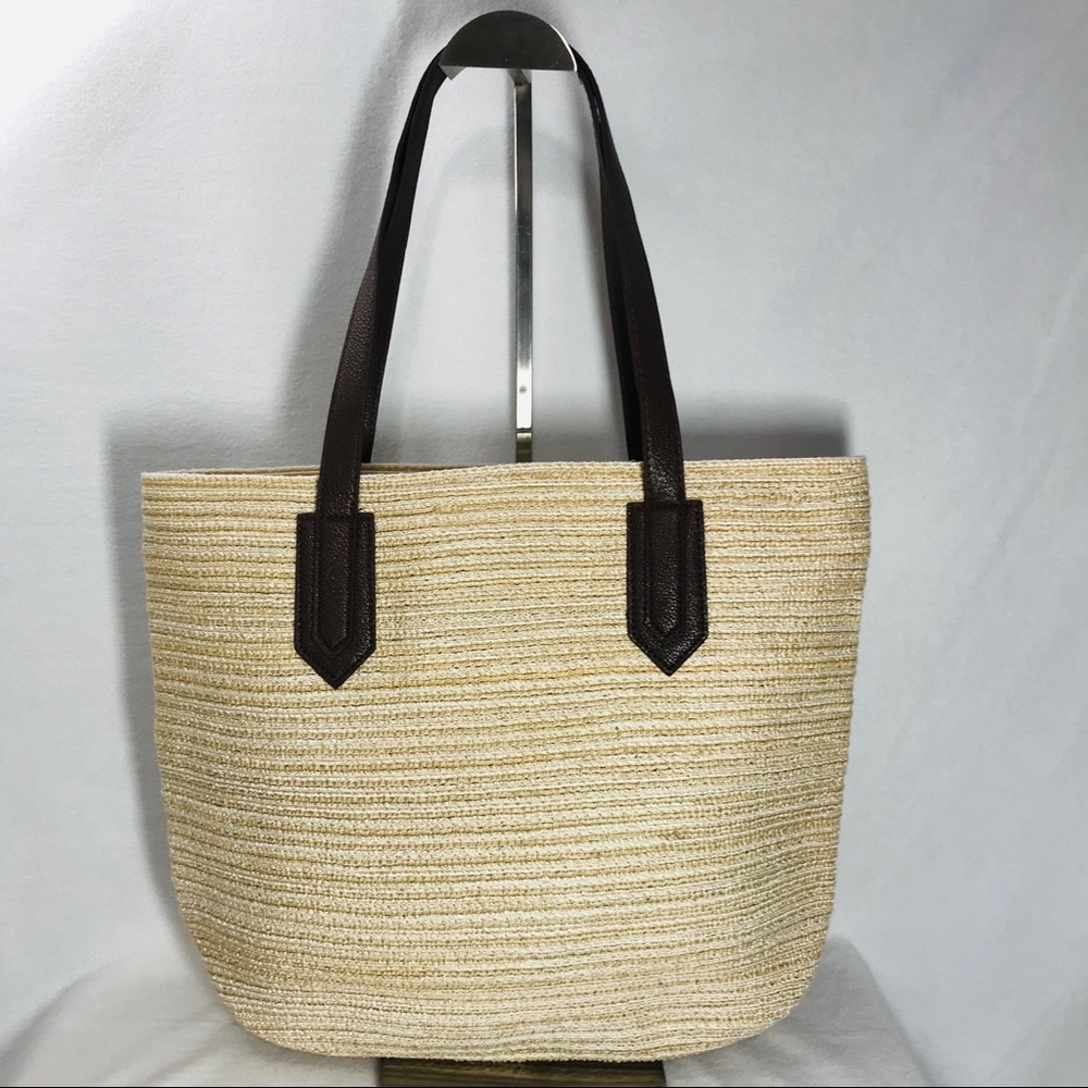 NWOT Zipper Straw Tan Woven Career Beach Faux Leather Handles Tote Bag